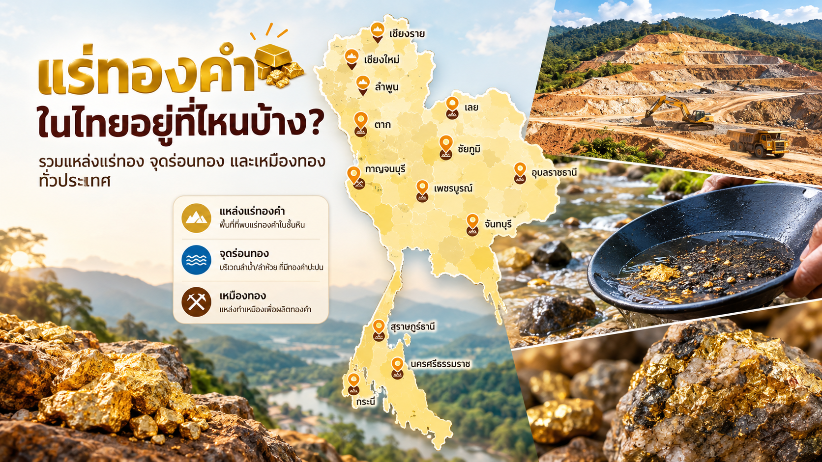 แร่ทองคำในไทยอยู่ที่ไหนบ้าง? รวมแหล่งแร่ทอง จุดร่อนทอง และเหมืองทองทั่วประเทศ