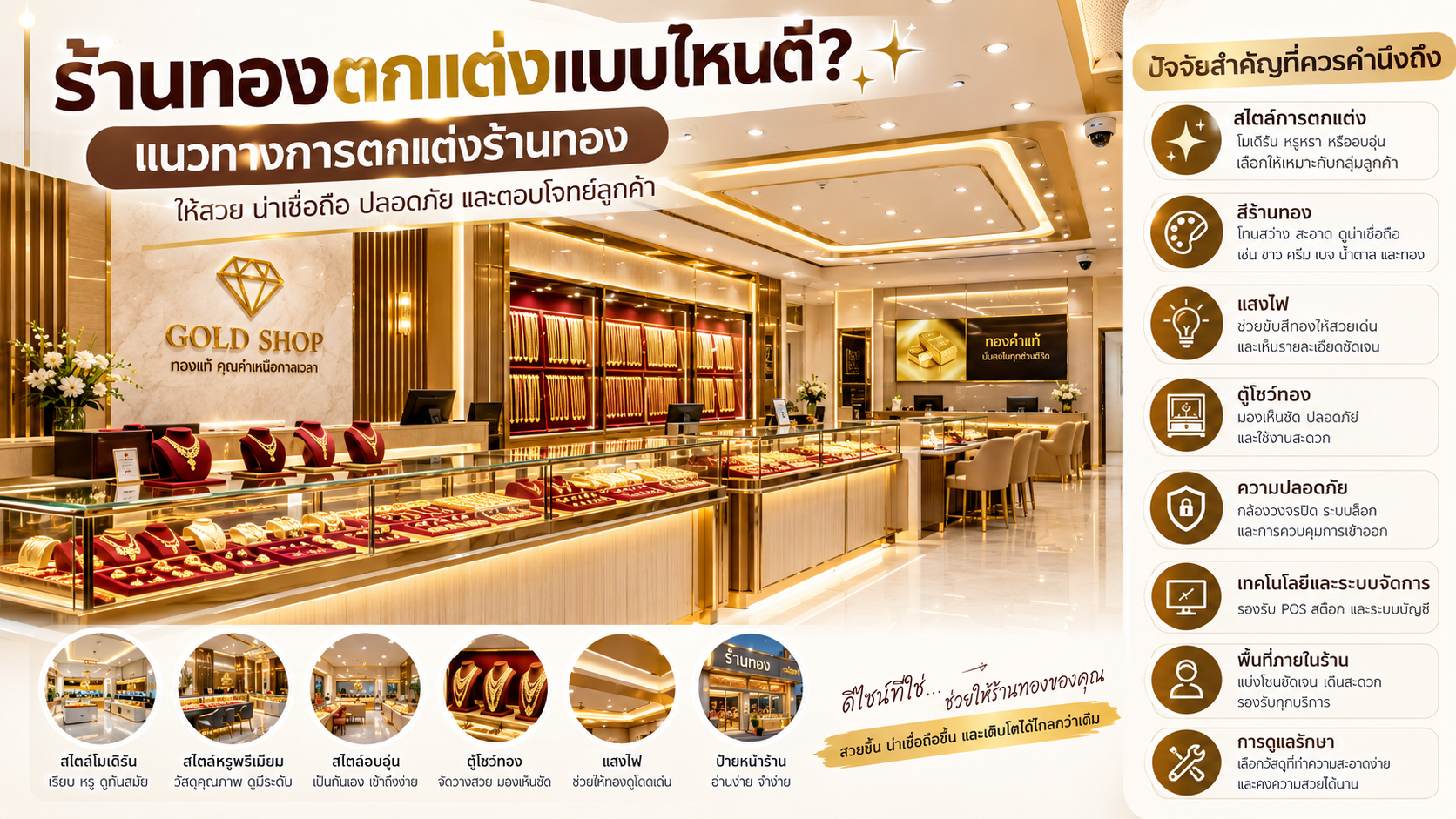 ร้านทองตกแต่งแบบไหนดี? แนวทางการตกแต่งร้านทองให้สวย น่าเชื่อถือ และปลอดภัย